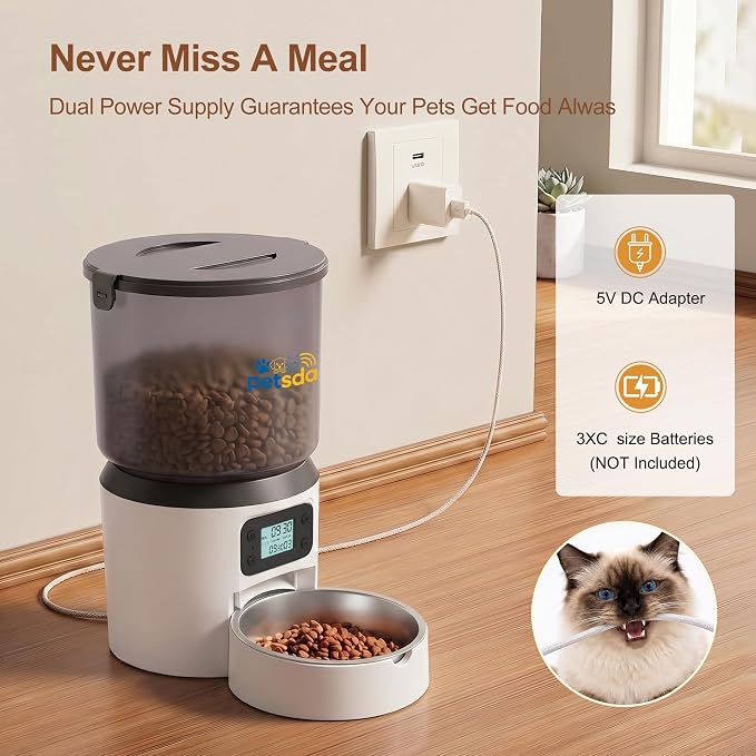Automatic Cat Feeders, 4L Timed Cat Dry Food Dispenser Auto Pet Feeder Portion Control up to 9 Meals/Day for Cats and Small Dogs Dual Power Supply, with Stainless Bowl Fresh Food, Easy Clean