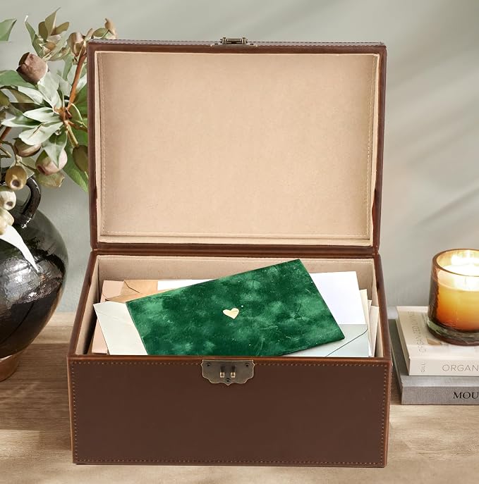 HofferRuffer Faux Leather Decorative Box, Large Wooden Structure Keepsake Box Accessory Organizer Jewelry Organizer with Hinged Lid, Storage Container for Home or Office (Antique Brown)