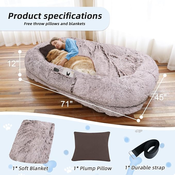 WROS Human Dog Bed for Adult, 71"x45"x12" Giant Calming Nest Bed, RustWhite | Washable Soft Faux Fur Cover, Orthopedic Foam Support, Non-slip Bottom, Includes Blanket, Strap & Pillow