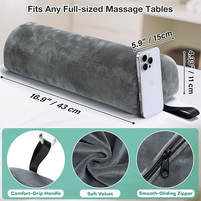 Half Round Neck Bolster for Massage Table, 17 x 6 x 4 in Velvet Half Moon Pillow for Sleeping Pain Relief Massage Table Leg Pillow w/Strap Handle, Machine Washable Knee Bolster for Massage Bed - Gray