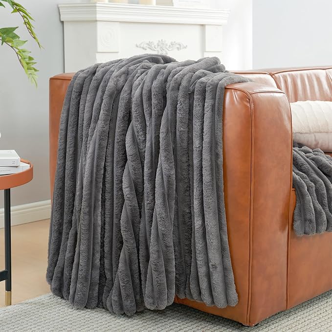 Faux Fur Throw Blanket for Couch, Cozy Fuzzy Fluffy Fur Luxurious Soft Striped Plush Gift Blankets for Family Sofa Chair Bedroom, 60"x80", Charcoal Grey