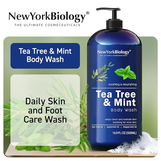 New York Biology Tea Tree Mint Body Wash for Men and Women - Moisturizing Body Wash Helps Soothe the Skin - Refreshing and Hydrating Cleanser for Body and Feet - 16.9 Fl Oz (Pack of 2)