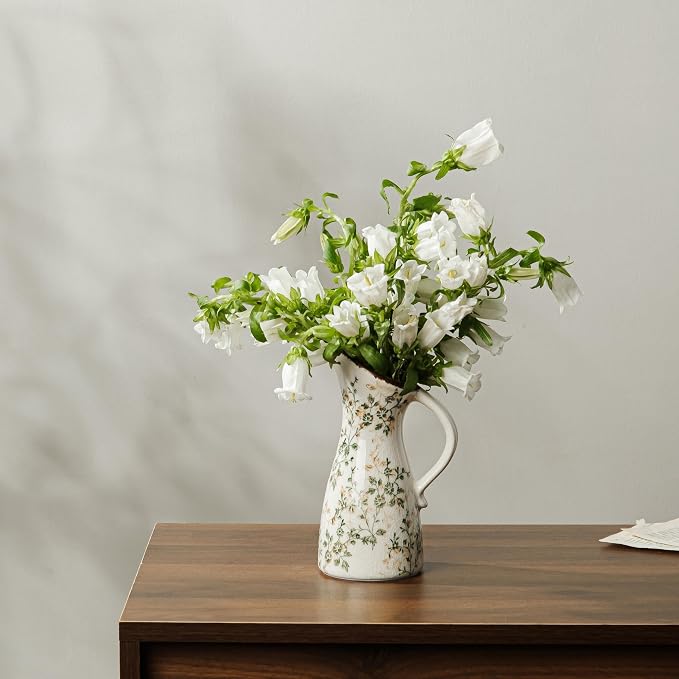 Ceramic Flower Vase for Home Decor, Vintage Green Pitcher Vase 7.3 Inch | Rustic Farmhouse Floral Vase for Entryway, Coffee Table, Living Room, Kitchen, Mantel, Bookshelf, Wedding Centerpiece