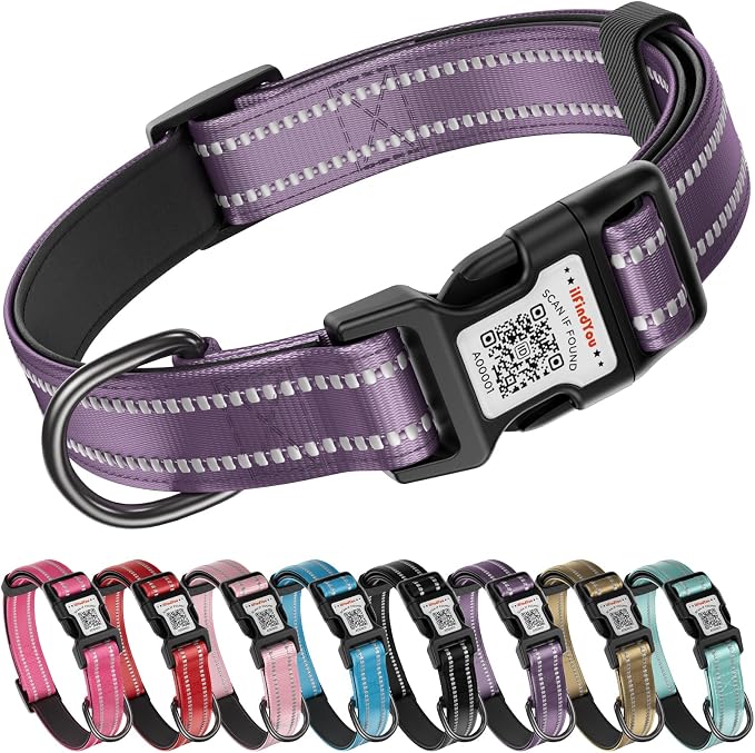 Personalized Dog Collar with QR Code Dog Tag, Purple 05 S | Anti-lost, 1000D nylon, reflective, padded, XS-L(8"-24"), QR buckle shares lost pet profile, location alerts when scanned
