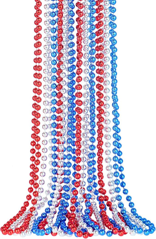 SHAOQINLIN 12 PCS Patriotic Beads Necklaces, 4th of July Bead Necklace, 4th of July Accessories, 33'' Metallic Red/Silver/Blue Party Beads for Patriotic Day, Carnival Party Favors