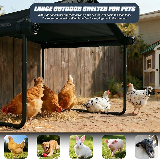 3 in 1 Extra Large Dog House Outdoor,Dog Shade with Roller Shutters and Removable Rear Door，Outside Sun Rain Canopy Pet House for Pet Cat Chicken Livestock 4'x 4'x 3.3' (Black)