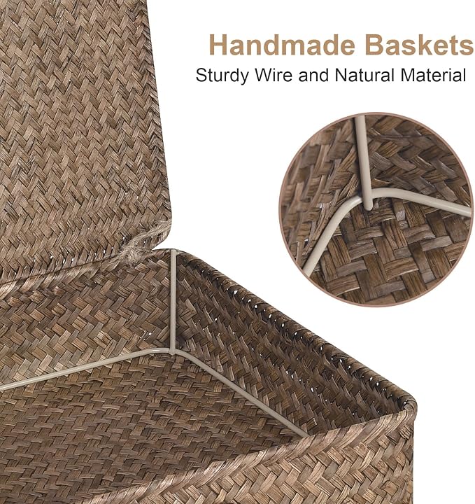 Set of 2 Flat Seagrass Storage Bins with Lid Wicker Storage Baskets for Organizing, Woven Shelf Organizer Bins Home Utility Organizer Box for Home & Office Supplies(Coffee)