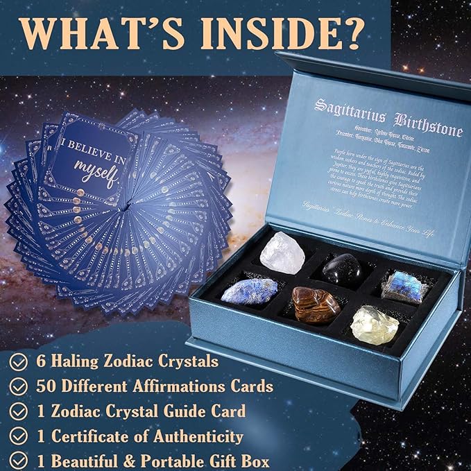 Faivykyd Sagittarius Birthday Crystals Gifts - 6 Sagittarius Zodiac Healing Stones w/ 50 Miracle Mantras Affirmation Cards, Spiritual Gifts for Positive Energy, Self-Care, Love & Wealth