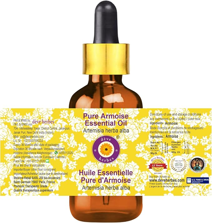 Deve Herbes Pure Armoise Essential Oil (Artemisia herba alba) with Glass Dropper Steam Distilled 5ml (0.16 oz)