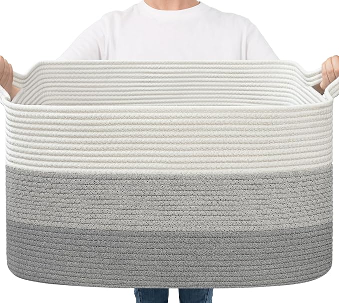 Goodpick Large Woven Rope Blanket Basket, Rectangle, Light Gray | 21.6'' x 14.9'' x 11.8'' Storage Basket for Blankets, Pillows & Toys, Living Room & Nursery Organization, Reinforced Handles