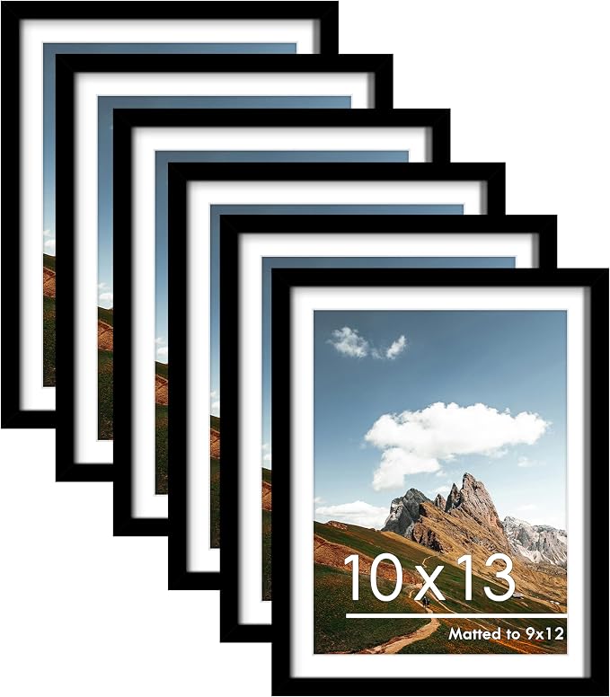 10x13 Picture Frame Set of 6, Wall or Tabletop Display, Black | Display Pictures 9x12 with Mat or 10x13 Without Mat, Horizontal or Vertical, Gallery Wall Frame Set, Wedding Birthday Gifts