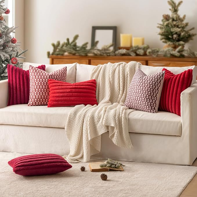 MIULEE Faux Fur Decorative Throw Pillow Covers 20x20 Set of 2 Red | Modern Soft Plush Couch Pillows, Cozy Fluffy Cushion Covers for Sofa Bed Living Room Home Decor