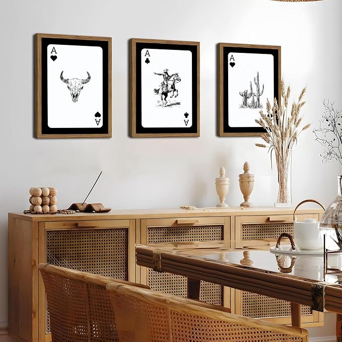 Western Cowboy Wall Art Set Of 3 Cowboy Print Playing Card Inspired Southwestern Canvas Poster Trendy Western Wall Decor Longhorn Bull Skull Room Decor for Bedroom Living Room Framed 12x16 inch