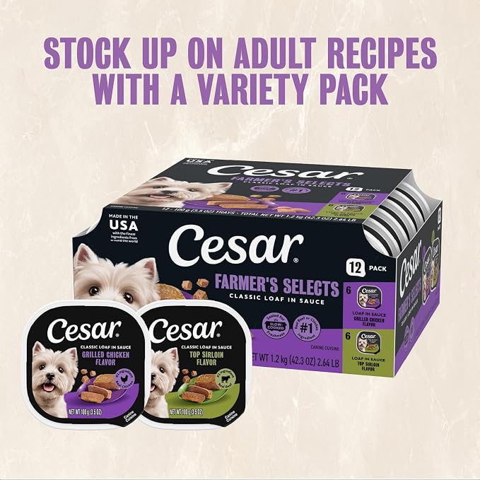 Cesar Classic Loaf Wet Dog Food, Farmer's Selects, 3.5 oz, 12 Count, 2-Pack | Made in USA, Grilled Chicken & Top Sirloin flavors, real chicken or beef #1 ingredient, easy peel trays, complete & balanced