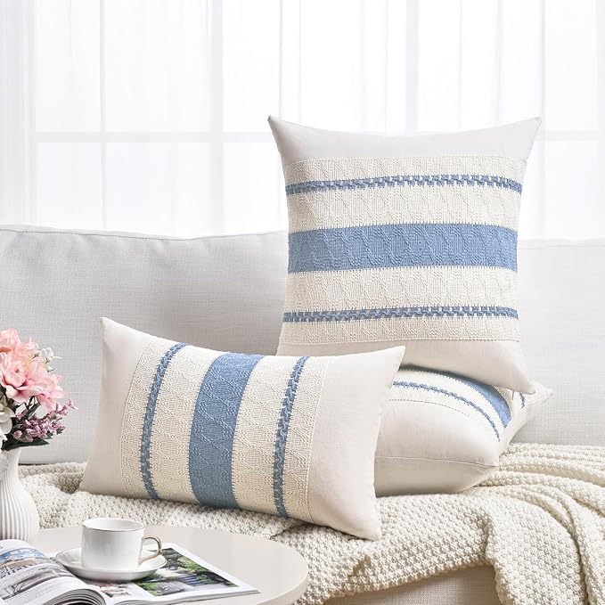 Fancy Homi Set of 2 Boho Light Blue Long Lumbar Decorative Throw Pillow Cover 14x24 Inch for Couch Bed Sofa Chair, Modern Organic Farmhouse Home Decor, Soft Cotton Cute Accent Rectangle Cushion Case