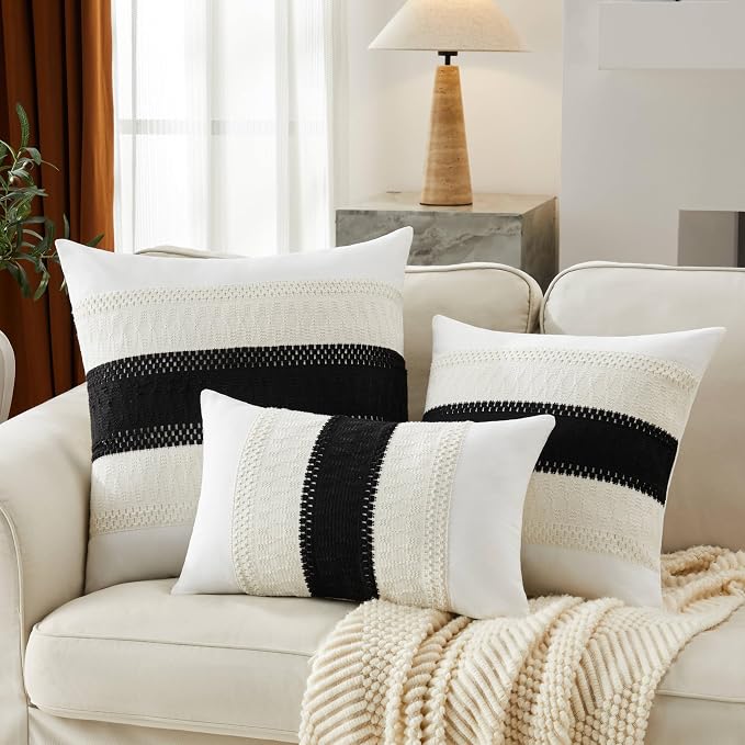 2pk Boho Pillow Covers 16x16, Natural White/Contrast/Black | 100% Organic Cotton Body, Stripe Embroidery, Farmhouse Decorative Cushion Covers for Sofa Bed Living Room Home Decor