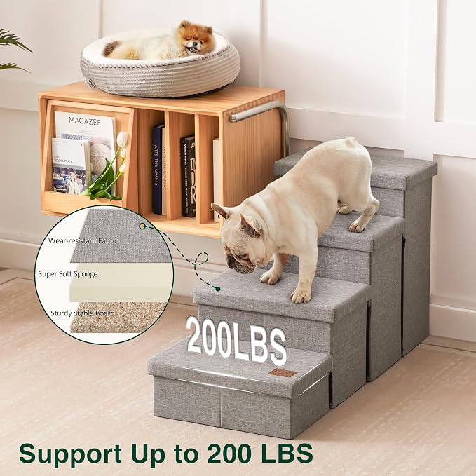 Love's cabin Dog Stairs for High Bed, Foldable Pet Stairs for Small Medium or Large Dogs Puppy with Storage for Bed or Couch, Cat Dog Steps Ramp with Zip up to 200 lbs, Solid Grey, 4 Steps