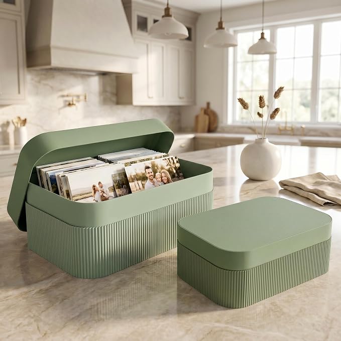 ZICOTO Decorative Storage Boxes with Lids - Set of 2 Beautiful Fluted Photo Organizer Bins for Your Home Bookshelf Decor to Safely Store Your Documents, Memory Box Items and Other Keepsakes in Style