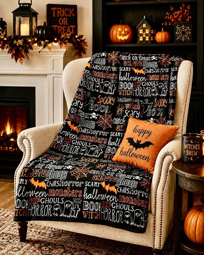 Halloween Fleece Throw Blanket, Cute Bats Ghosts Spiderwebs Print 50x70 in | Thoughtful gift idea: Great present for Halloween lovers, college students, housewarming parties, or seasonal decorators
