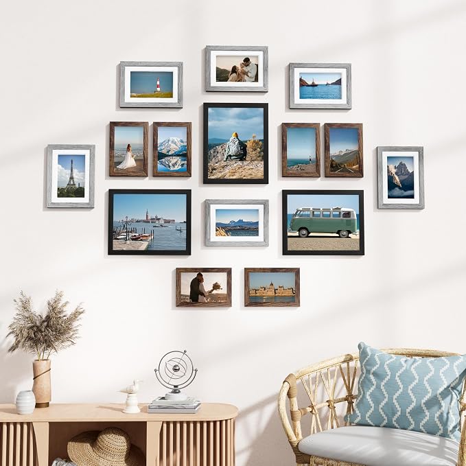 Vittanly 15 Pack Gallery Wall Frame Set, Black, Brown, Grey | Picture Frames Collage Wall Decor: 3pcs 8x10, 6pcs 5x7, 6pcs 4x6. Picture Frame Set for Wall or Tabletop Display