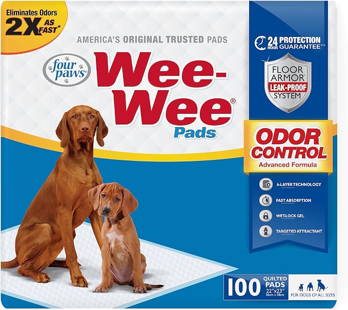Four Paws Wee-Wee Advanced Formula Odor Control Dog Pee Pads, 100 Count | Neutralizes ammonia odors, pee pads for dogs & puppies, dog housebreaking, new puppy supplies, 22" x 23"