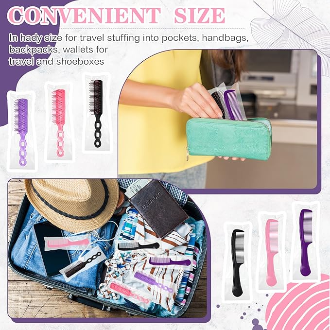 Baderke 48 Pcs Combs Set Bulk Hair Brushes for Homeless Individually Wrapped Hair Brush and Comb for Women Hotel Nursing Charity Travel(Multicolor)