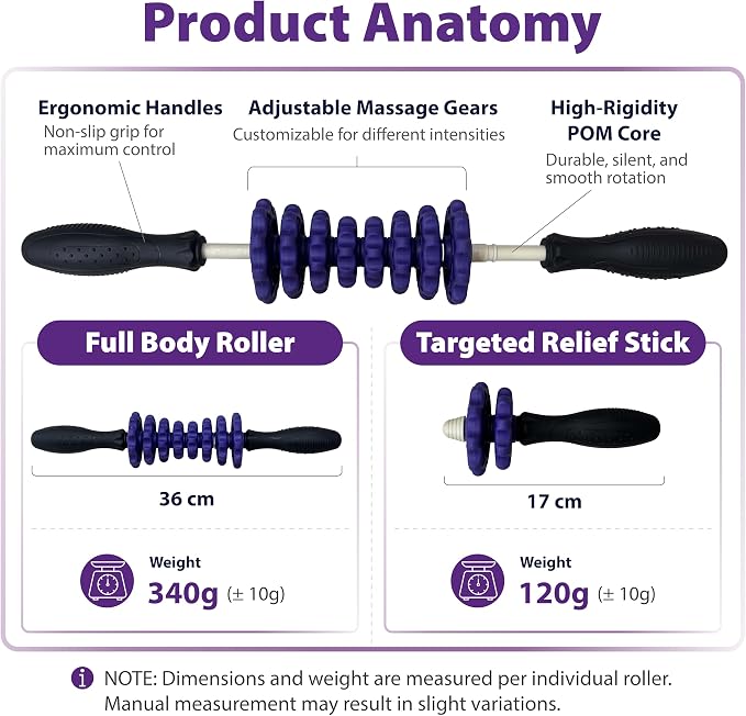 ONIPAX 3-in-1 Muscle Roller Stick, Manual Massage Tool with 8 Adjustable Gears & POM Core, Customizable Deep Tissue Relief for Neck, Back, and Calves, Portable Post-Workout Recovery (Purple)