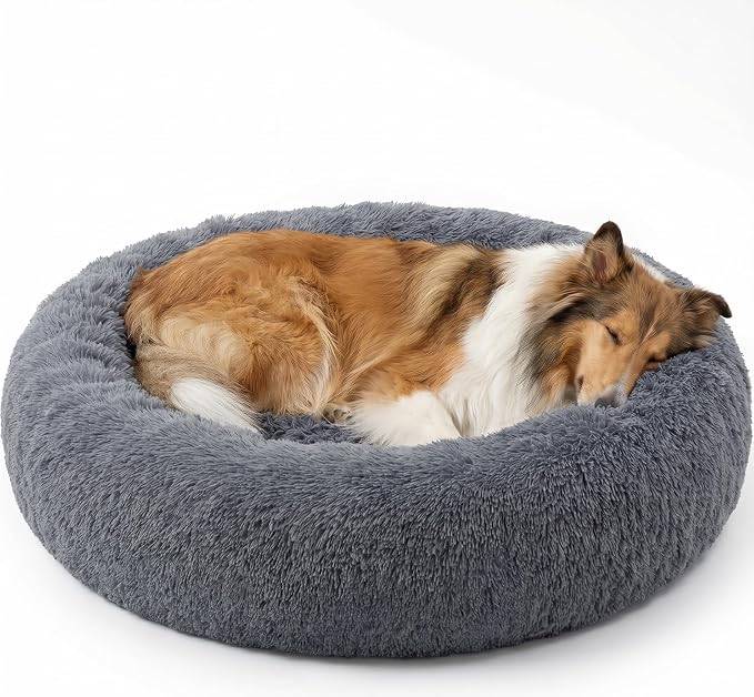 SAVFOX 36 inches Calming Donut Dog Bed - 3X Durable Plush Faux Fur, Machine Washable & Non-Slip, Fits up to 100 lbs, Dark Grey