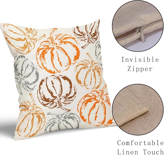 Fall Pillow Covers 24X24 Inch Set of 2 Burnt Orange Brown Grey Pumpkin Decorative Pillow Cases Autumn Harvest Thanksgiving Cotton Linen Cushion Case Holiday Home Decor For Sofa Bed Couch Outdoor
