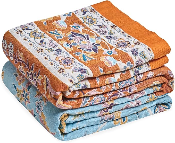 LUTBM Boho Throw Blanket for Bed 60"x80", All Season Cotton Couch Blankets | Reversible Vintage Floral Jacquard, All-Season Twin Lightweight Breathable Quilt, For Chair Sofa Bedroom Living Room Decor