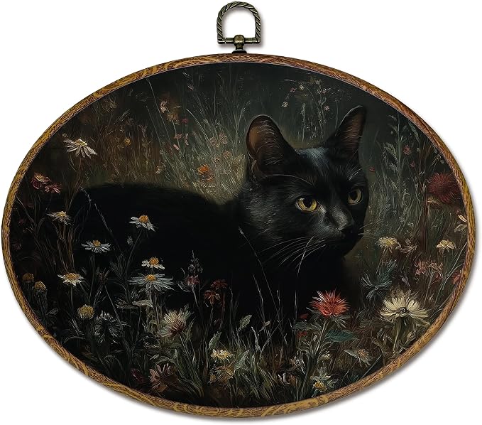 LKETW Vintage Black Cat Floral Oval Wall Art Decor, Dark Academia Cottagecore Black Cat Oval Canvas Hanging Decor, Rustic Moody Botanical Wall Decorations for Home Living Room Bedroom, 11.4x8.6 Inch
