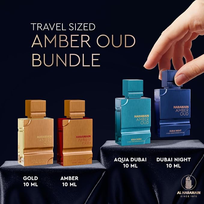 Al Haramain Amber Oud Eau de Parfum 4PC 10ML Each Mini Perfume Set for Women & Men – Cologne Gift Set, Unisex Arabian Perfume Sampler with Gold & Ruby Edition, Dubai Night and Aqua Dubai Fragrances