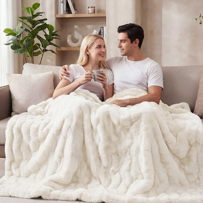 ORINOVA Light Beige Fluffy Blanket King Size Faux Bunny Fur Fuzzy 90x108 Throw Blanket for Bed Thick Furry Blanket King for Couch Bedroom Decor Winter Home Gifts 1000 GSM