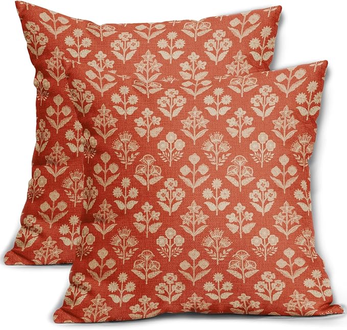 Dark Orange Floral Block Print Pillow Covers 16x16 Inch Set of 2, Vintage Flower Pattern Decorative Throw Pillowcases Outdoor Farmhouse Cushion Covers Fall Rustic Sofa Couch Bed Decor