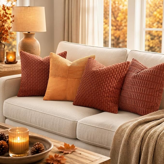 MIULEE Fall Decorative Throw Pillow Covers 18x18 Burnt Textured Corduroy | Terracotta Pack of 2 Striped Pillow Covers Modern Farmhouse Autumn Home Decor for Couch Bed Sofa Living Room