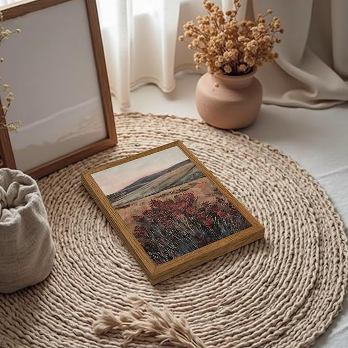 JLTULT Vintage Landscape Wall Art, Maroon Wood-Framed Canvas, 8 x 10 in | Moody maroon wildflower art on fade-resistant canvas with a ready-to-hang solid wood frame for bedrooms and living rooms