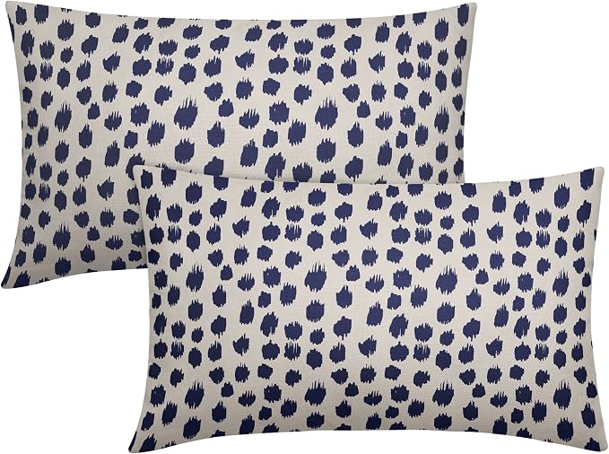 Navy Blue Cream Throw Pillow Covers 12x20 Set of 2 Polka Dot Throw Pillows Outdoor Boho Design Brush Strokes Decorative Pillowcase Square Cushion Cover Linen Pillow Case for Home Sofa Couch Bed