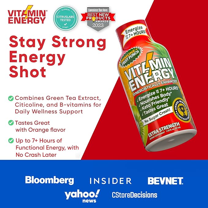 Vitamin Energy Immune+ Extra Strength Energy Shot Fruit Punch 10 Pack, 260mg Natural Caffeine, B-Vitamins, Citicoline, Green Tea, Immunity & Focus Support, Zero Sugar, Gluten-Free 1.93 fl oz