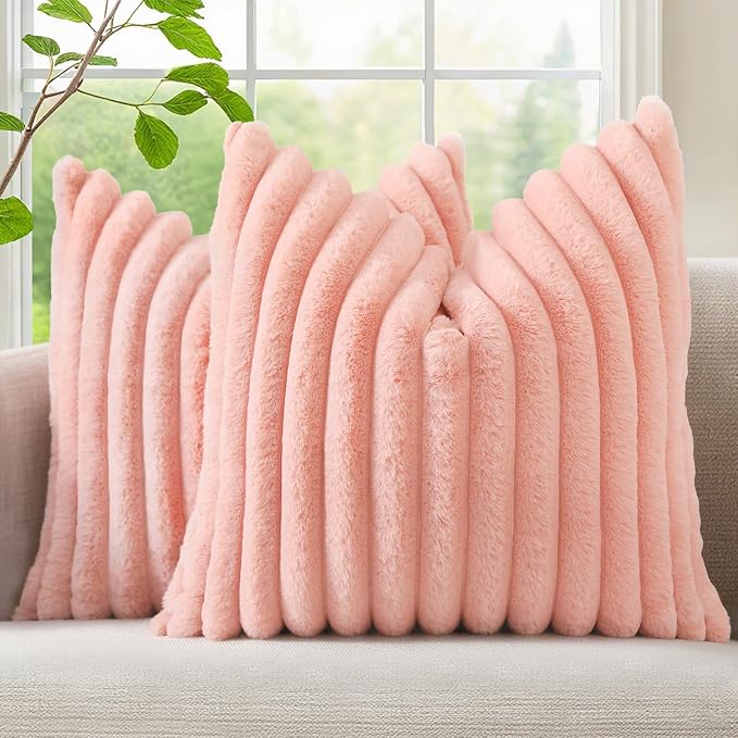 decorUhome Fall Faux Fur Throw Pillow Covers 26x26 Set of 2 Blush Pink | Decorative Soft Cozy Striped Plush Modern Farmhouse Boho Couch Pillow Cases Velvet Back for Sofa Bed Living Room Home Decor
