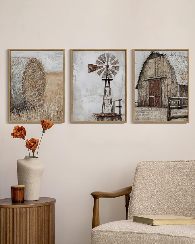 Drsoum Farmhouse Wall Art Vintage Rustic Windmill Barn Cornfield Pictures Framed Painting Landscape Countryside Rural Canvas Artwork Home Decor Ready to Hang 11x14in - Natural Framed