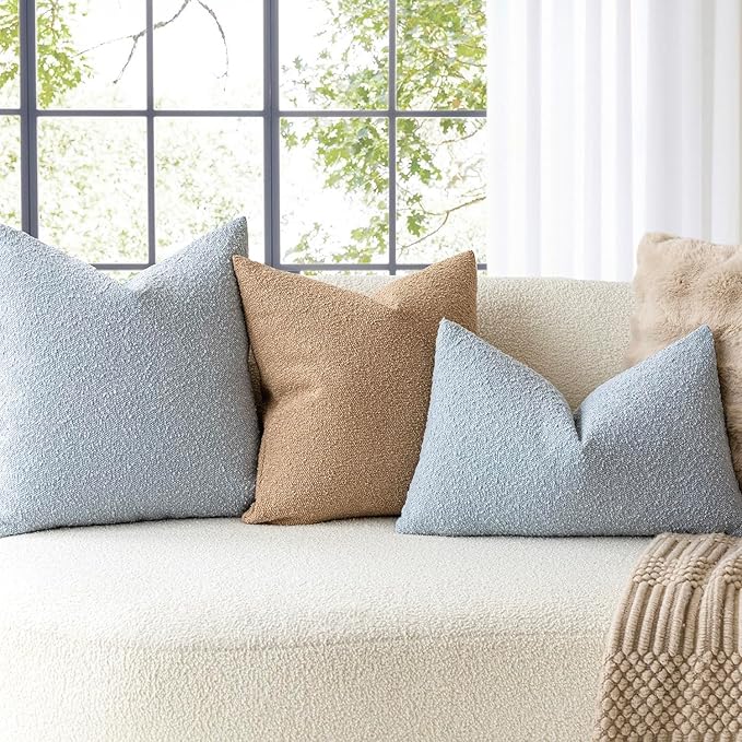 Foindtower Set of 2, Decorative Textured Boucle Throw Pillow Covers Accent Solid Pillow Cases Soft Cozy Couch Cushion Case for Chair Sofa Bedroom Living Room Home Decor 24 x 24 Inch Taupe Khaki Camel