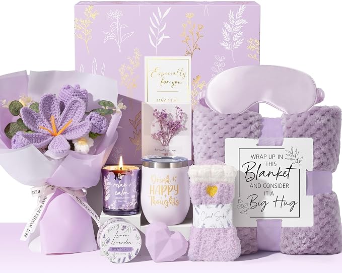 Birthday Gifts for Women, Spa Self Care Package Get Well Soon Gift Baskets | Sympathy Gift Set w/ Crochet Flower Bouquet, Christmas Thinking of You Gifts Basket for Women Mom Her Best Friend Sister Wife