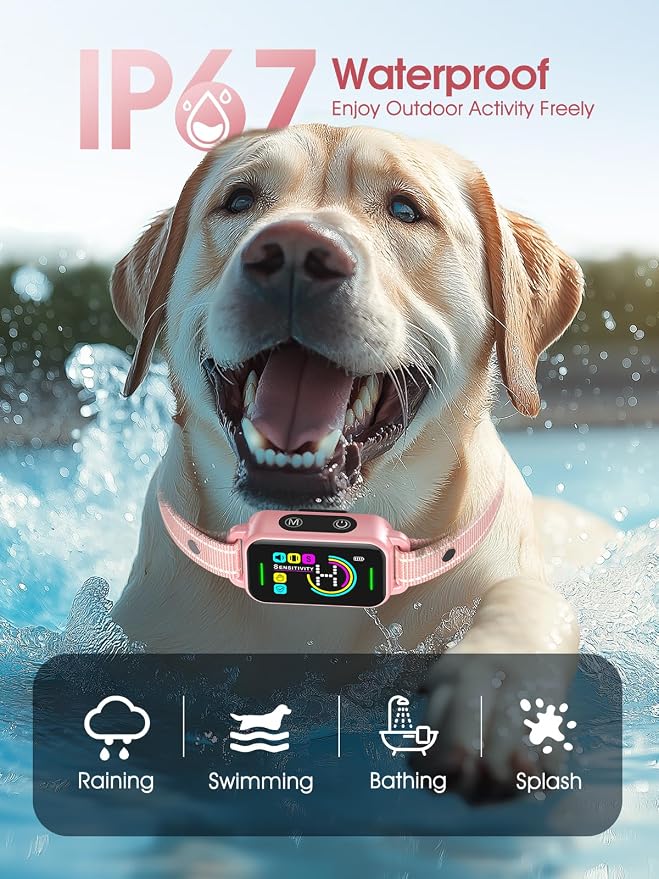DINJOO Bark Collar for Large Medium Small Dogs - Smart AI 1S Stop Barking, Anti Barking Device & Dog Training Collar with Beep, Vibration & 8-Level Sensitivity, IP67 Waterproof - Pastel Pink