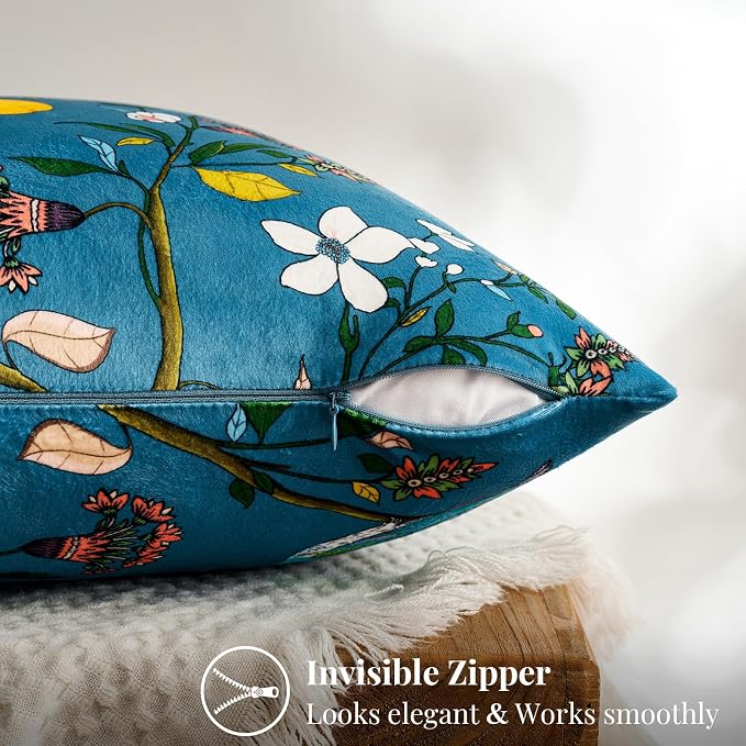MUSSEL Peacock Blue Velvet Floral Decorative 20x20 Pillow Covers Set of 2 | Durable Sturdy,Botanical Printed Pattern,Throw Pillows Case,Square,Colorful Mid Century Cushion Covers,Sofa Couch Decor