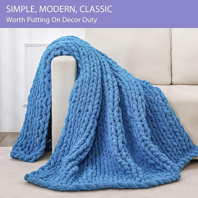 Bigacogo Chunky Knit Throw Blanket for Couch, 51x63 inches, Bright Blue | Hand Knit with Jumbo Chenille, Soft Breathable Cable Knit for Sofa Bed Living Room, Machine Washable, Gift for Mom Friend
