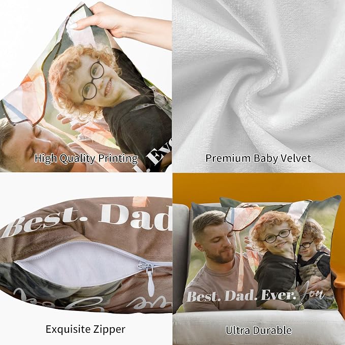 Easycosy Custom Pillow with Picture & Text, Two-Sides Velvet Customized Photo Pillowcase, 12"x12" Personalized Pillowcover with Photo, Custom Decor Love Gift for Dad(Optional Pillow Insert)