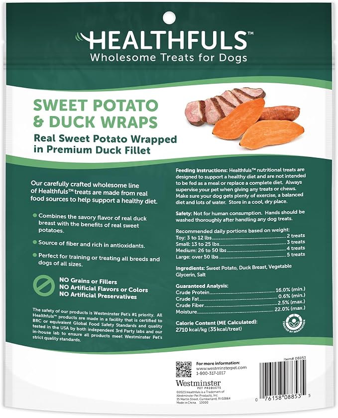HEALTHFULS Real Sweet Potato & Duck Fillet Wraps, Natural Dog Treats, 16 oz | Natural Sweet Potato, Premium Duck Breast, Vitamins & Antioxidants, No Artificial Colors, Everyday Treat, For All Life Stages