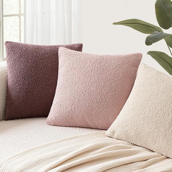 Foindtower Set of 2, Decorative Textured Boucle Throw Pillow Covers Accent Solid Pillow Cases Neutral Soft Cozy Couch Cushion Case for Chair Sofa Bedroom Living Room Home Decor 24x24 Inch Sakura Pink