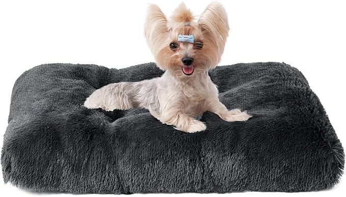 EHEYCIGA Fluffy Dog Crate Bed for Small Dogs, Plush Crate Pad, Dark Grey | Calming Anti Anxiety Small Dog Bed, Washable Soft Warm Faux Fur Crate Mat with Non-Slip Bottom