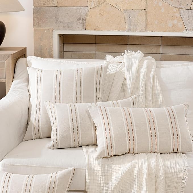 Hckot Tan Brown Throw Pillow Covers 18x18 Set of 2 Striped Pillow Covers | Farmhouse Decorative Pillows Textured Linen Square Cushion Covers for Sofa Couch Bed Living Room Decor(Tan)